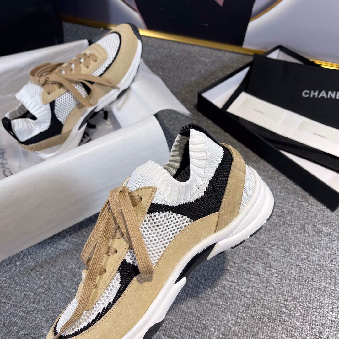 Chanel Men Women's Sneaker Shoes G38750 Tan and White Calfskin