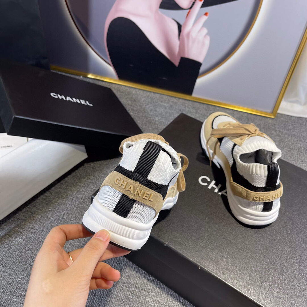 Chanel Men Women's Sneaker Shoes G38750 Tan and White Calfskin