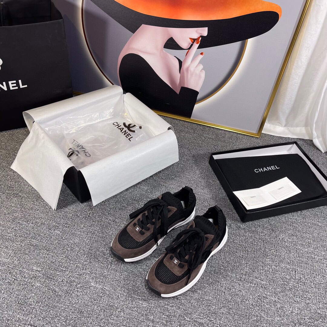 Chanel Men Women's Sneaker Shoes G38750 Dark Brown and black Calfskin