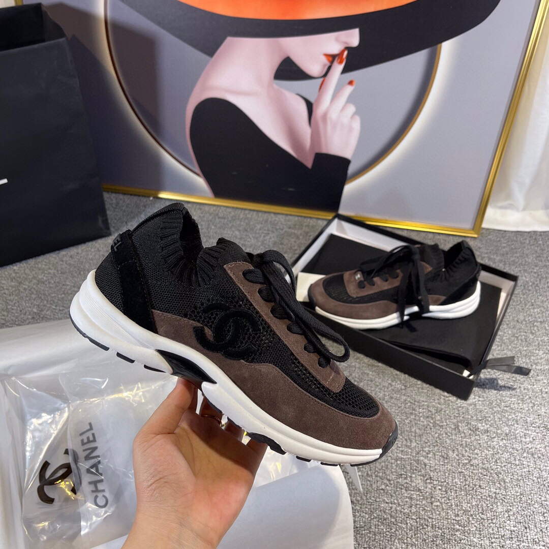 Chanel Men Women's Sneaker Shoes G38750 Dark Brown and black Calfskin