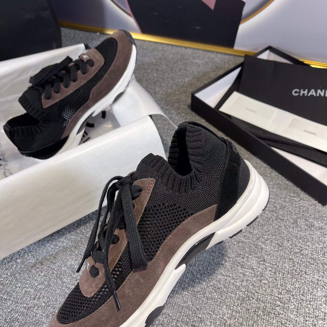 Chanel Men Women's Sneaker Shoes G38750 Dark Brown and black Calfskin
