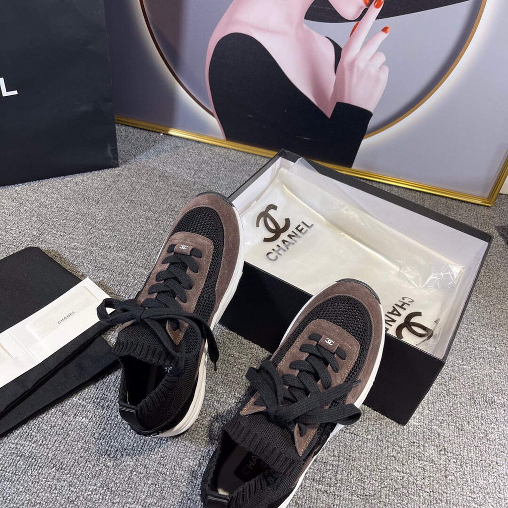 Chanel Men Women's Sneaker Shoes G38750 Dark Brown and black Calfskin