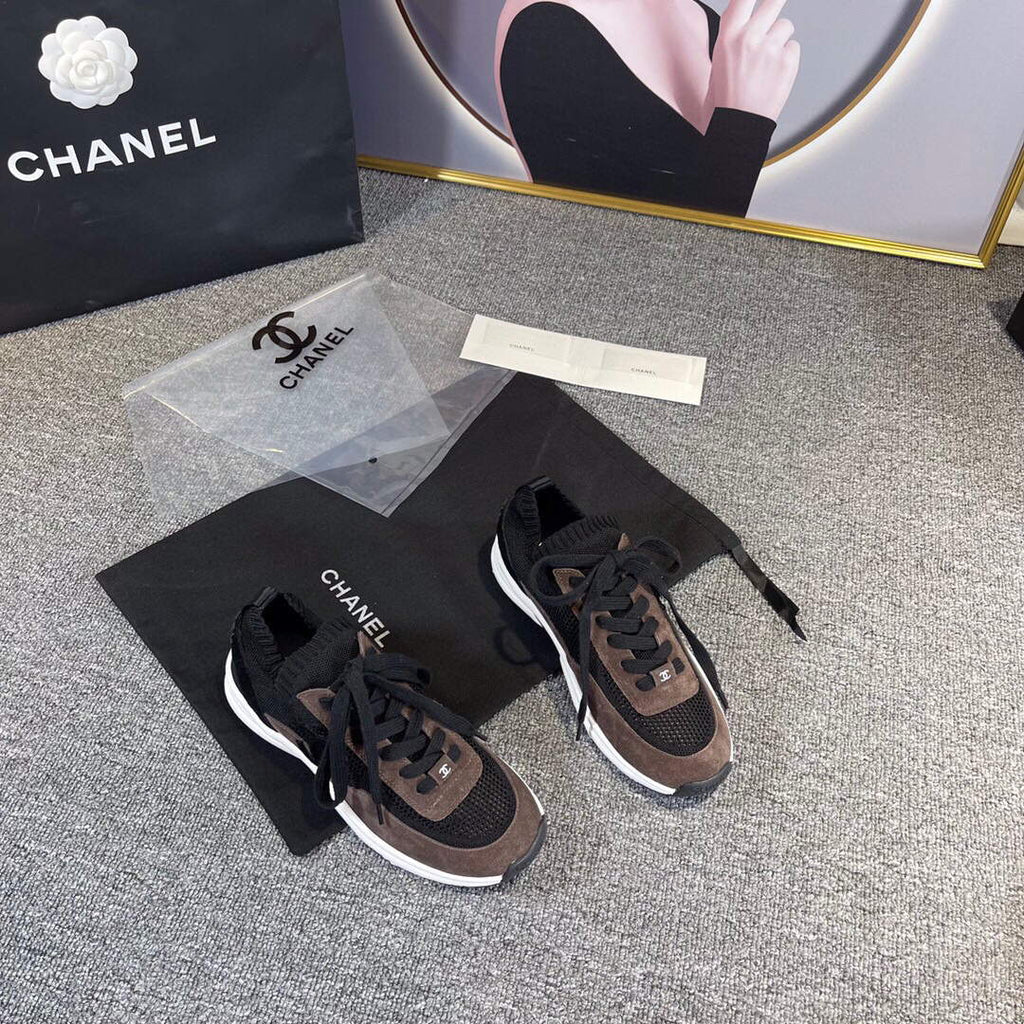 Chanel Men Women's Sneaker Shoes G38750 Dark Brown and black Calfskin