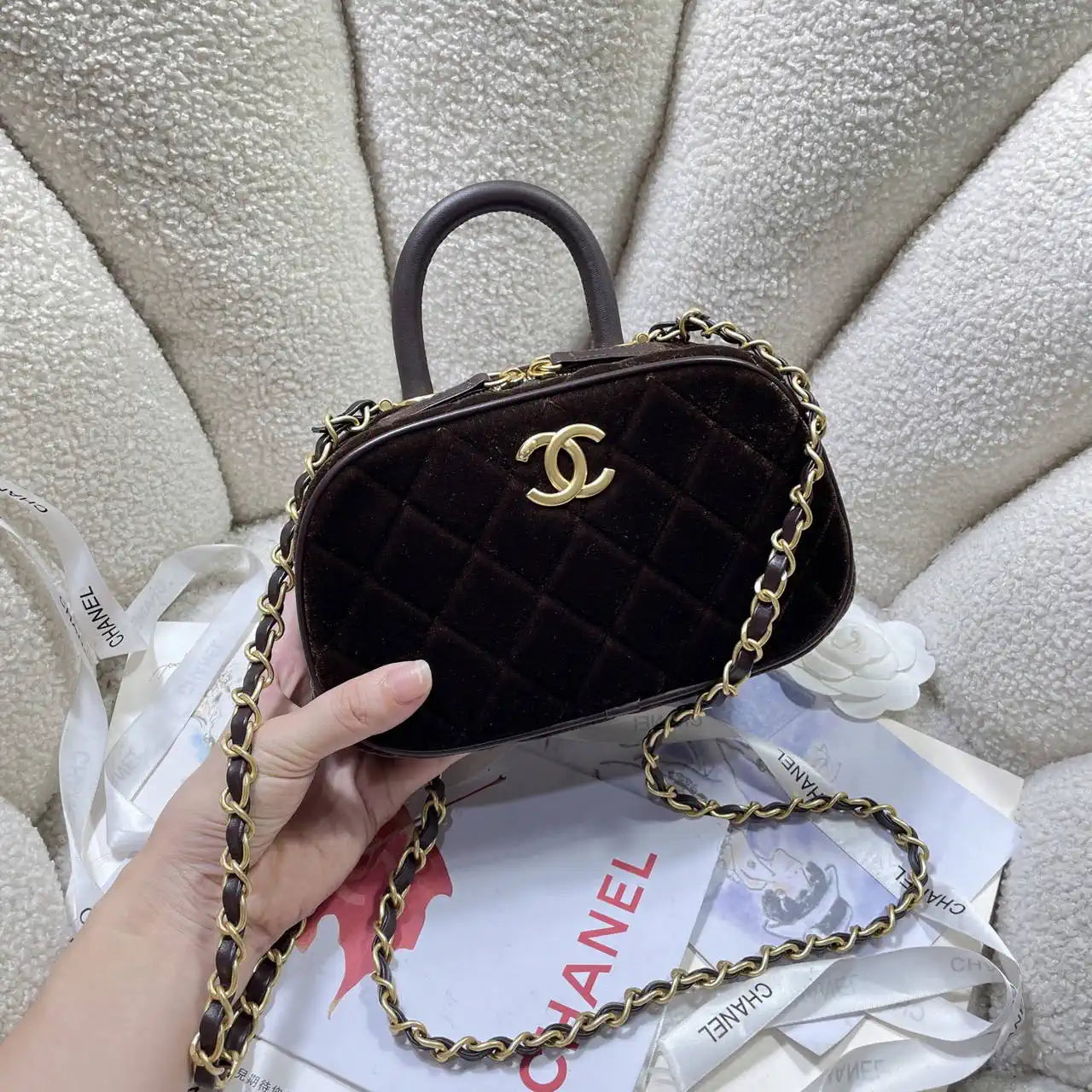 Chanel Mini Bowling Bag Suede & Gold-Tone Metal AS5572 Dark Brown