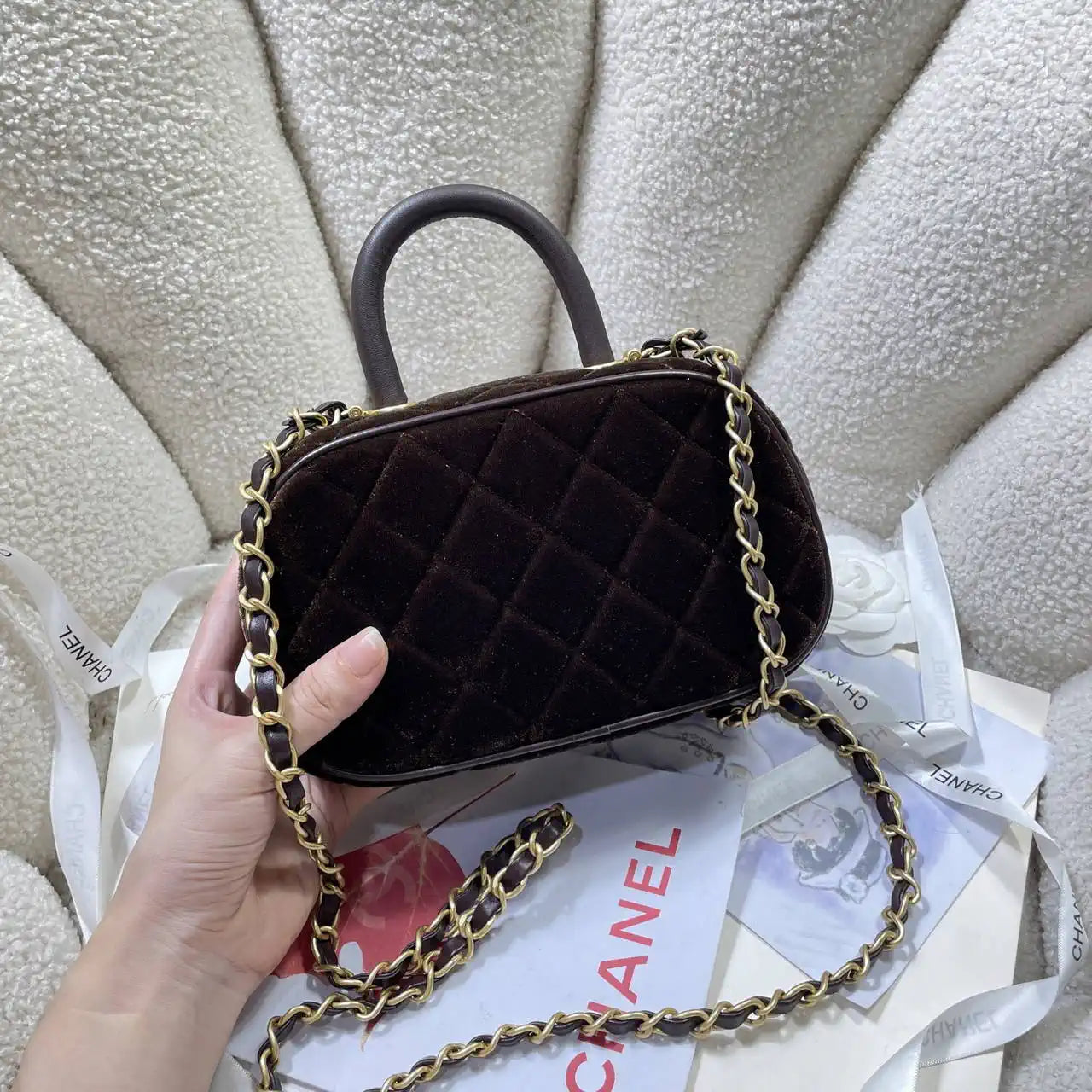 Chanel Mini Bowling Bag Suede & Gold-Tone Metal AS5572 Dark Brown