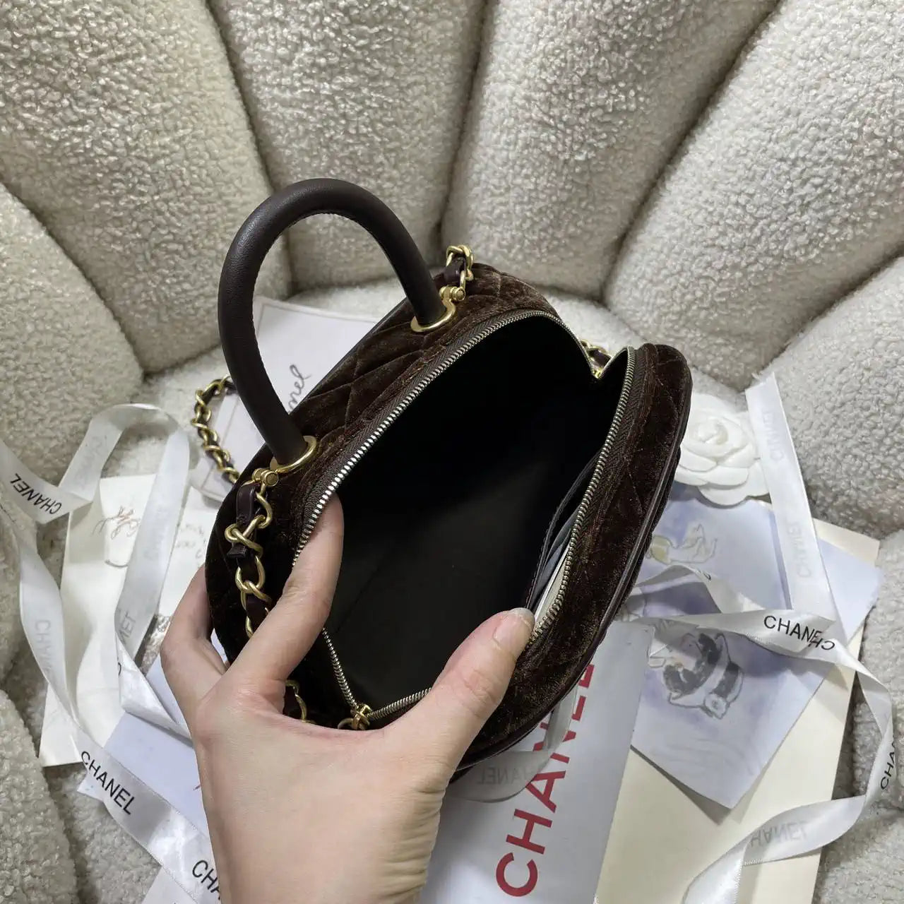 Chanel Mini Bowling Bag Suede & Gold-Tone Metal AS5572 Dark Brown