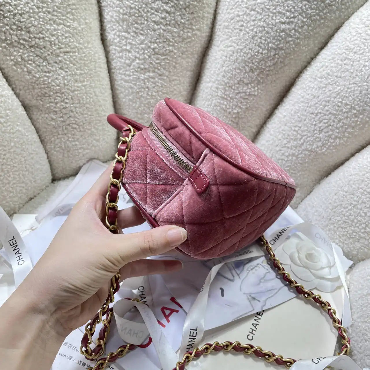 Chanel Mini Bowling Bag Suede & Gold-Tone Metal AS5572 Pink