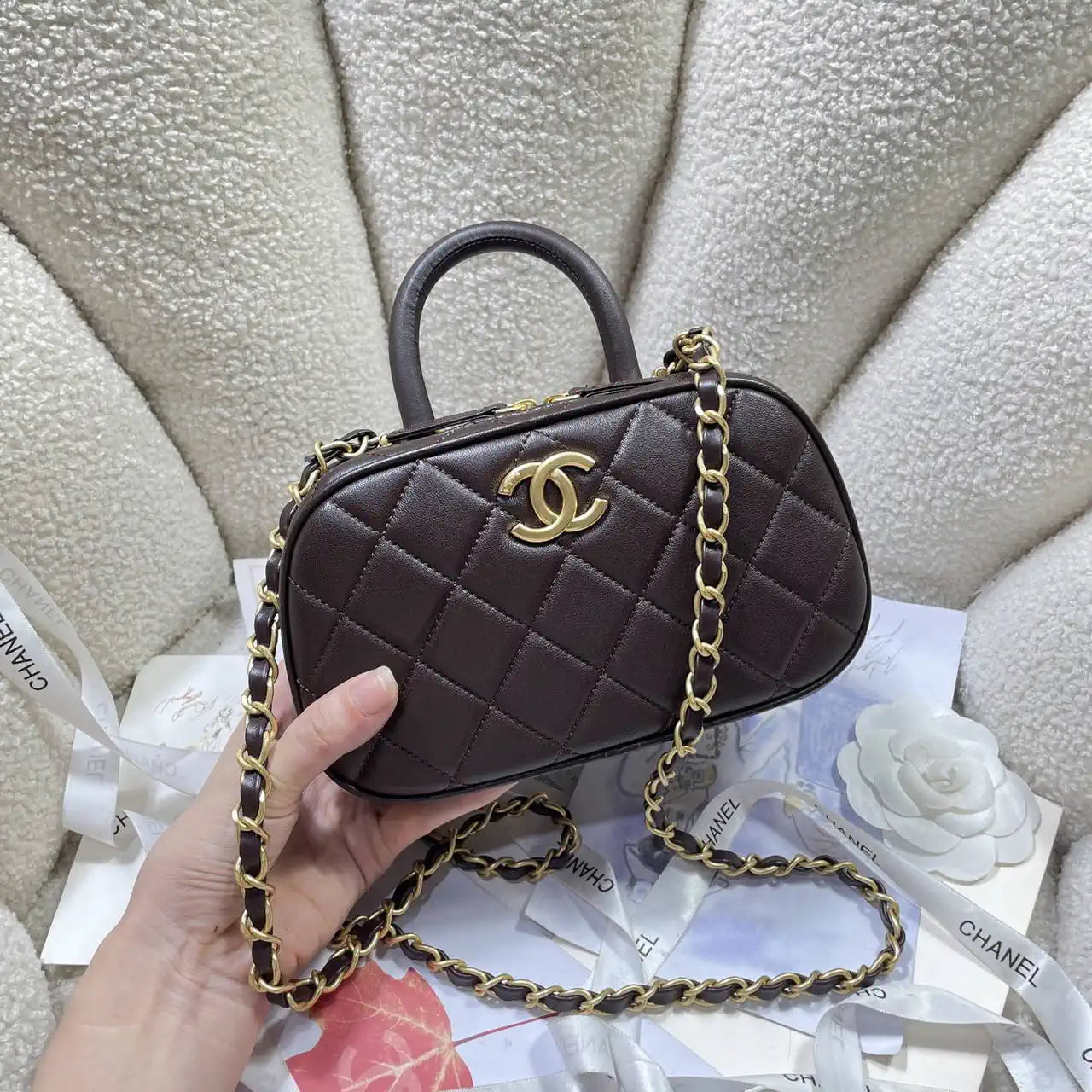 Chanel Mini Bowling Bag Calfskin & Gold-Tone Metal AS5572 Brown