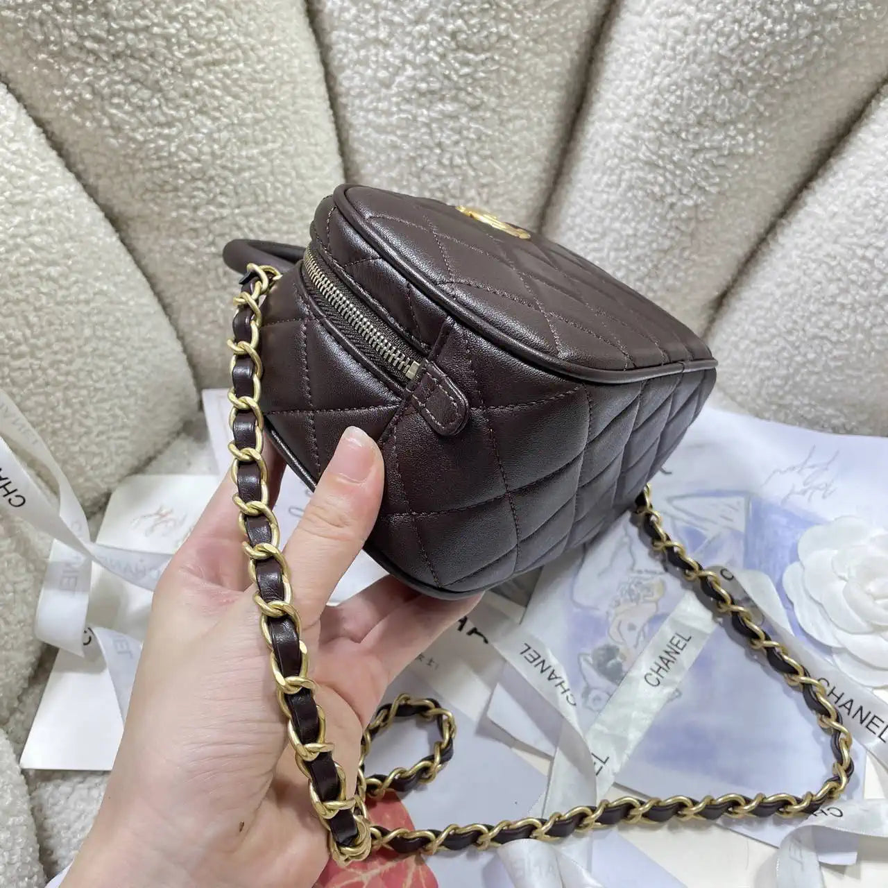 Chanel Mini Bowling Bag Calfskin & Gold-Tone Metal AS5572 Brown
