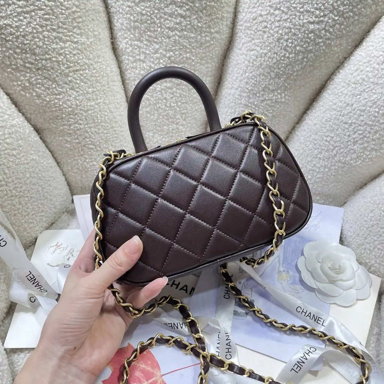 Chanel Mini Bowling Bag Calfskin & Gold-Tone Metal AS5572 Brown