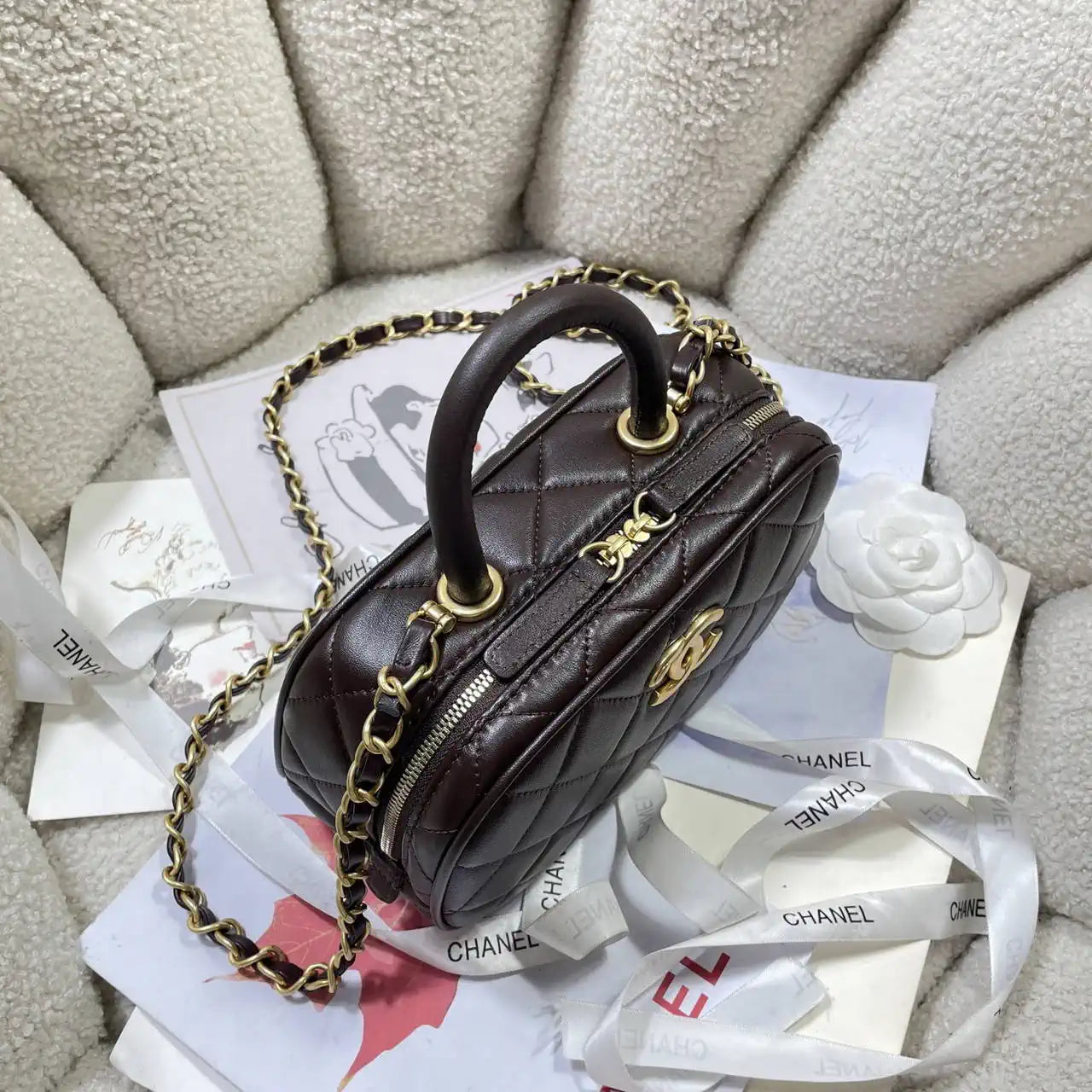 Chanel Mini Bowling Bag Calfskin & Gold-Tone Metal AS5572 Brown