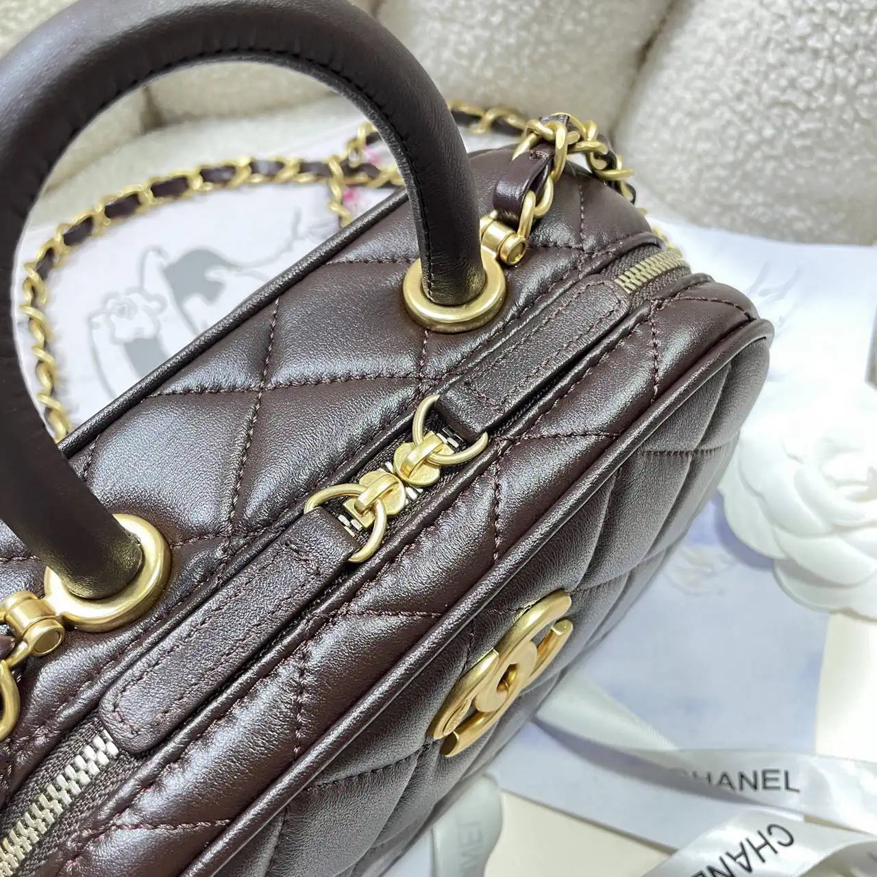 Chanel Mini Bowling Bag Calfskin & Gold-Tone Metal AS5572 Brown