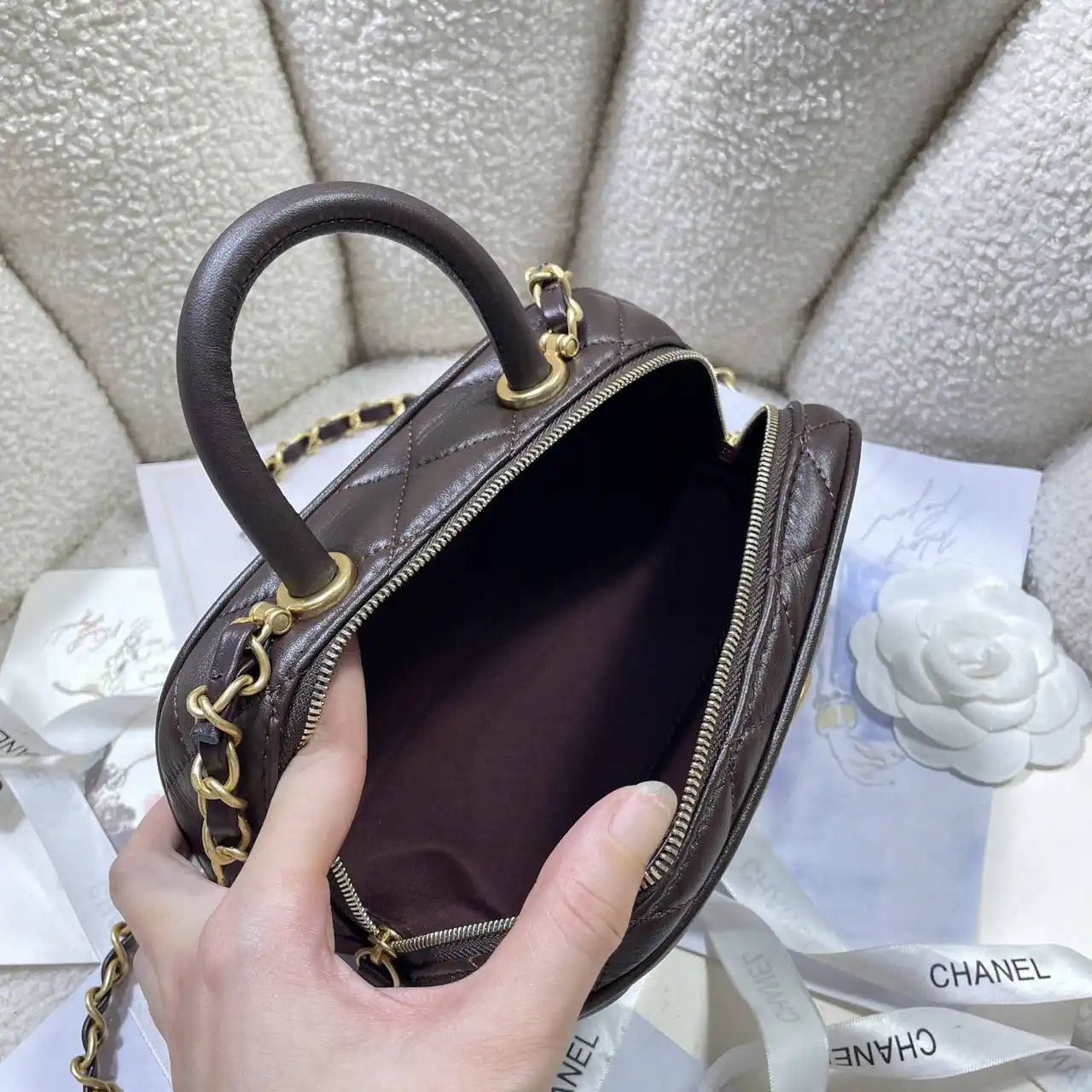 Chanel Mini Bowling Bag Calfskin & Gold-Tone Metal AS5572 Brown