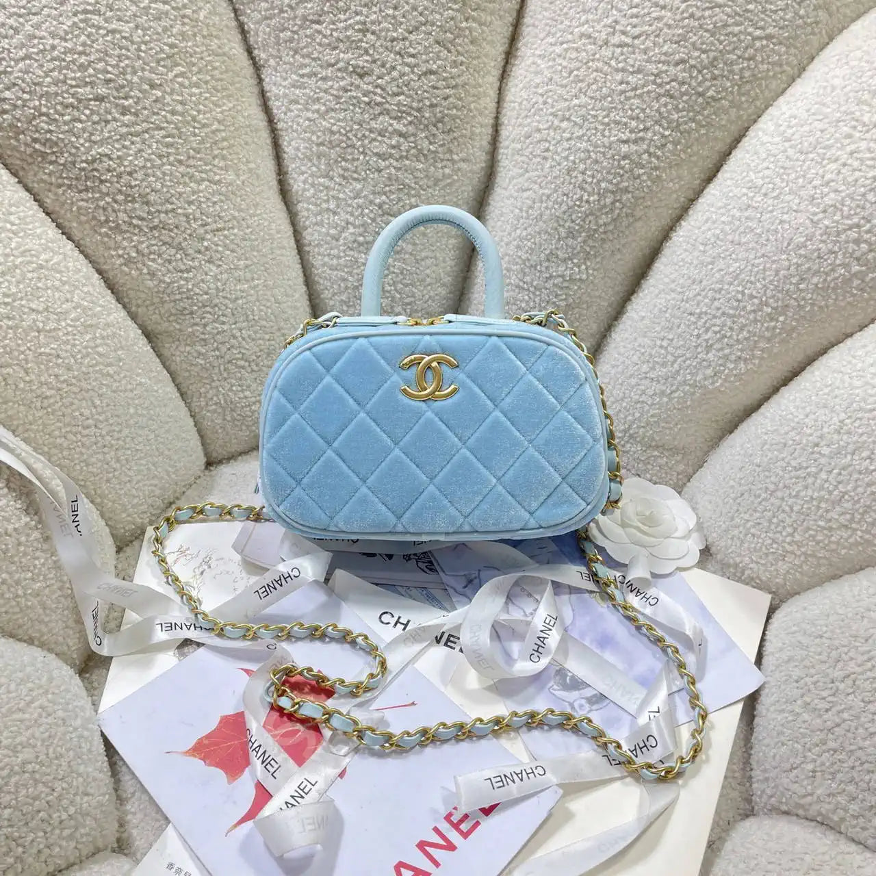 Chanel Mini Bowling Bag Suede & Gold-Tone Metal AS5572 Lake Blue