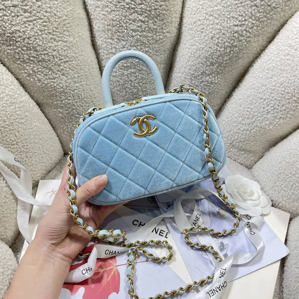 Chanel Mini Bowling Bag Suede & Gold-Tone Metal AS5572 Lake Blue