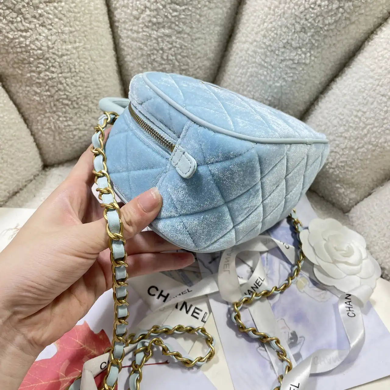 Chanel Mini Bowling Bag Suede & Gold-Tone Metal AS5572 Lake Blue