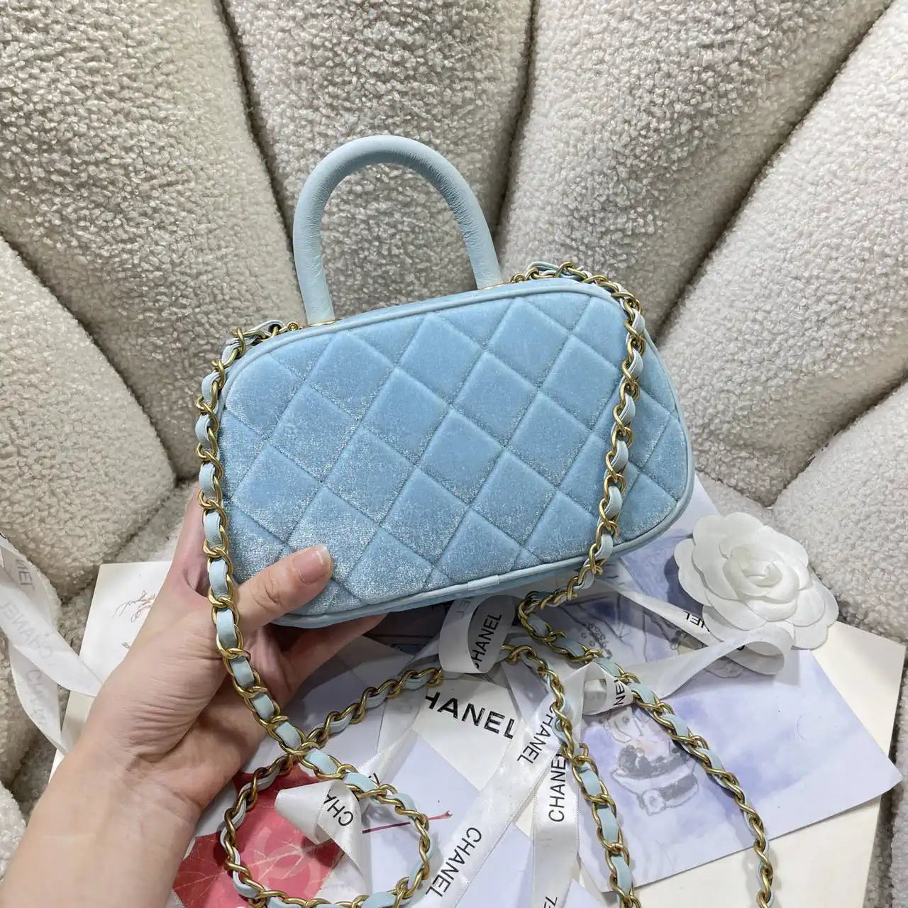 Chanel Mini Bowling Bag Suede & Gold-Tone Metal AS5572 Lake Blue