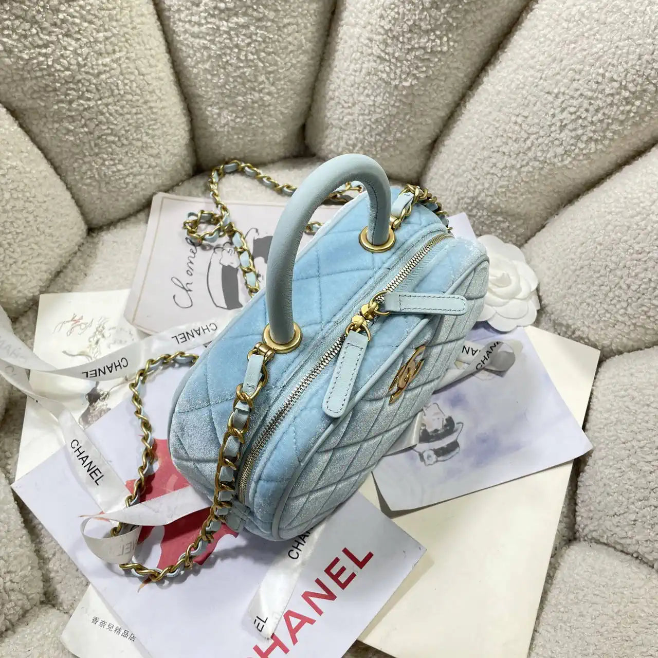 Chanel Mini Bowling Bag Suede & Gold-Tone Metal AS5572 Lake Blue