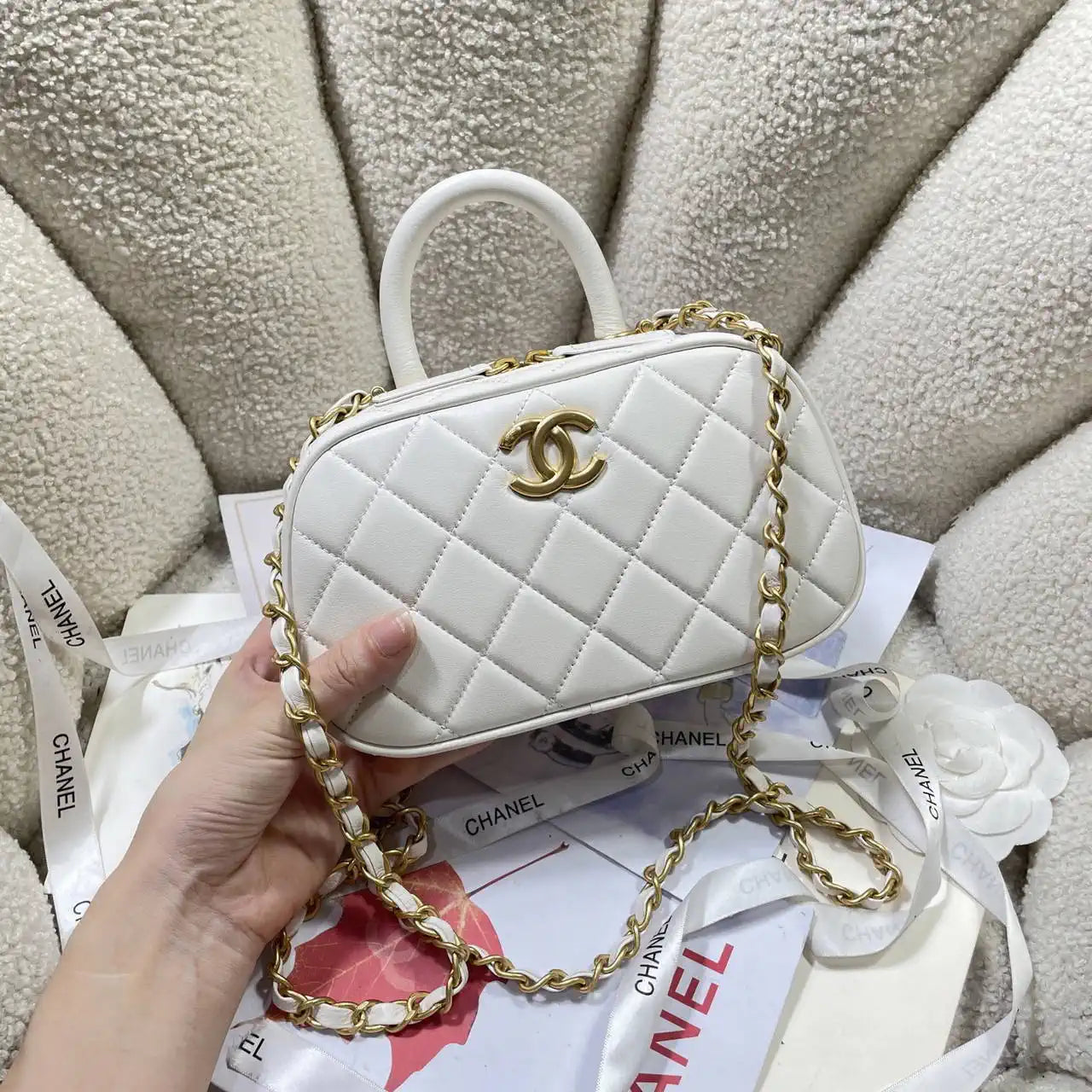 Chanel Mini Bowling Bag Calfskin & Gold-Tone Metal AS5572 White
