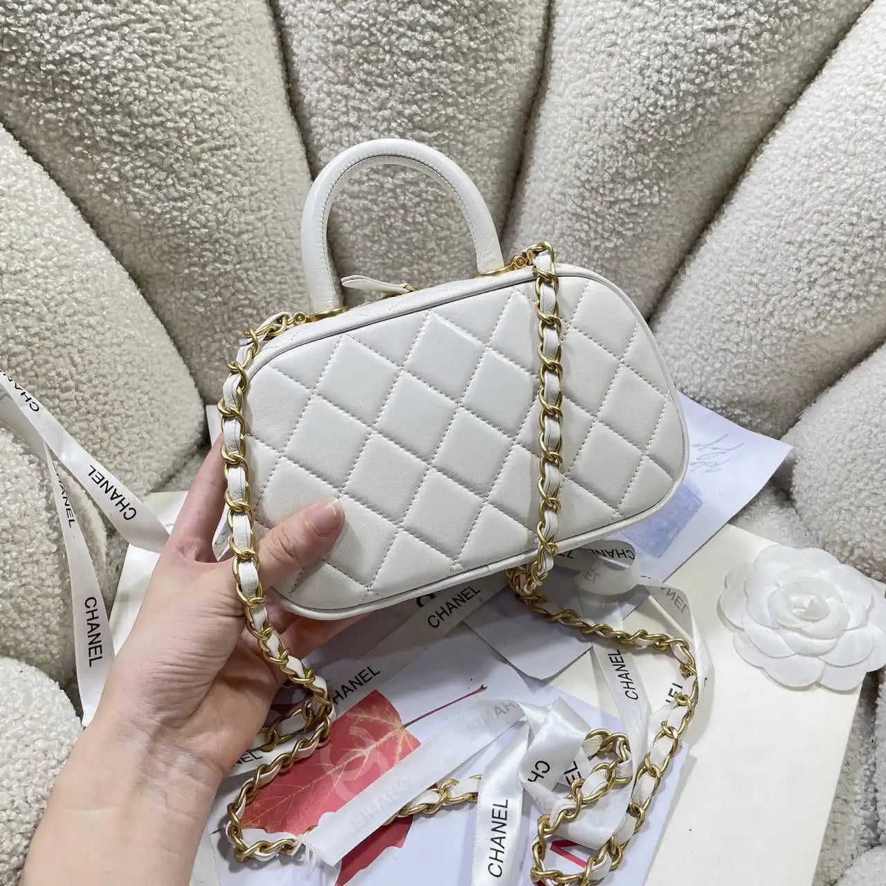 Chanel Mini Bowling Bag Calfskin & Gold-Tone Metal AS5572 White