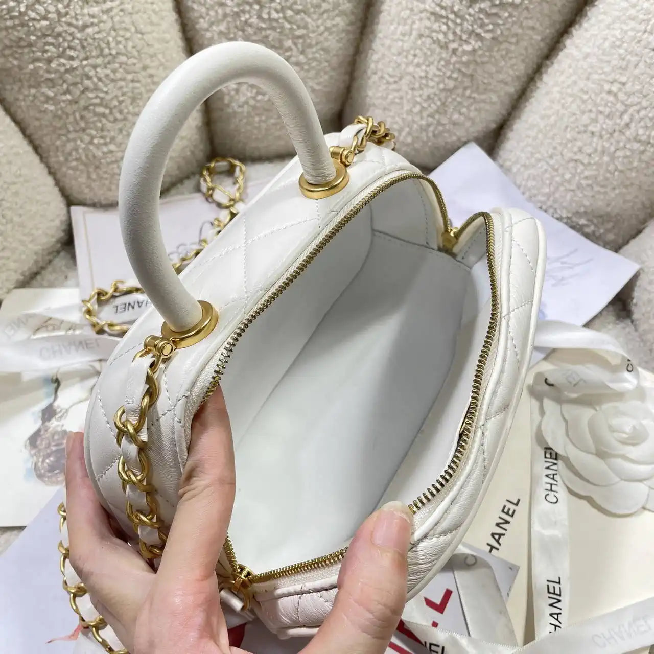 Chanel Mini Bowling Bag Calfskin & Gold-Tone Metal AS5572 White