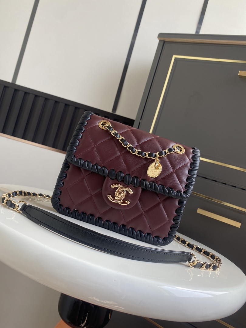 Chanel Mini Flap Bag Lambskin Braided Calfskin & Gold-Tone Metal AS2495 Wine red