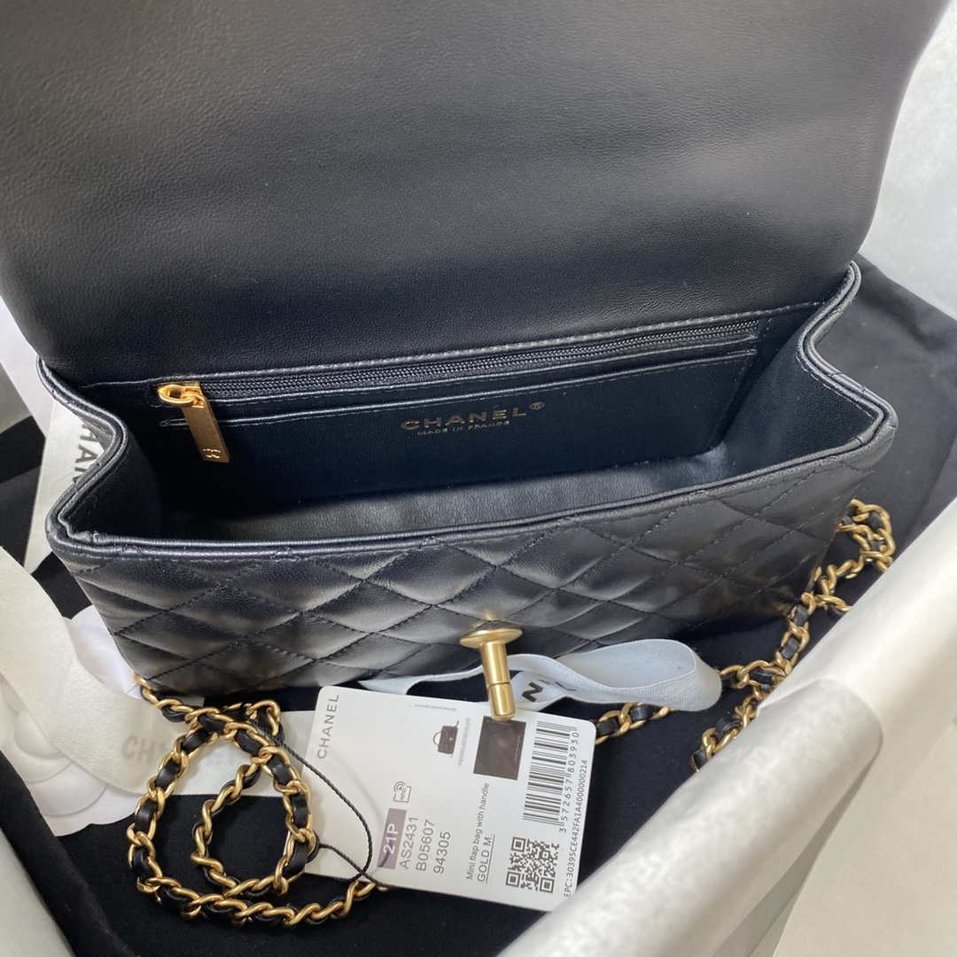 Chanel Mini flap Lambskin bag with top handle AS2431 Black gold