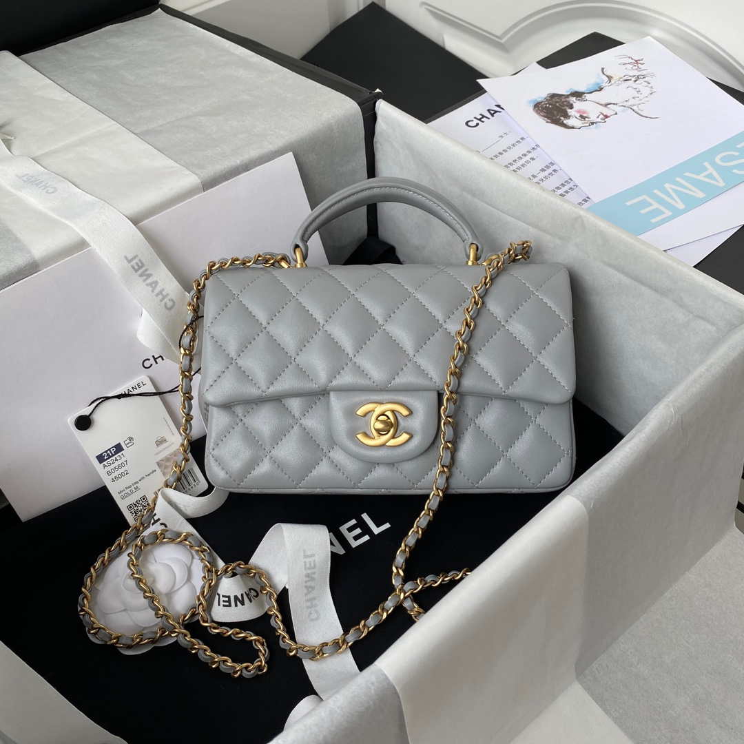 Chanel Mini flap Lambskin bag with top handle AS2431 Gray gold - Default Title - View 1