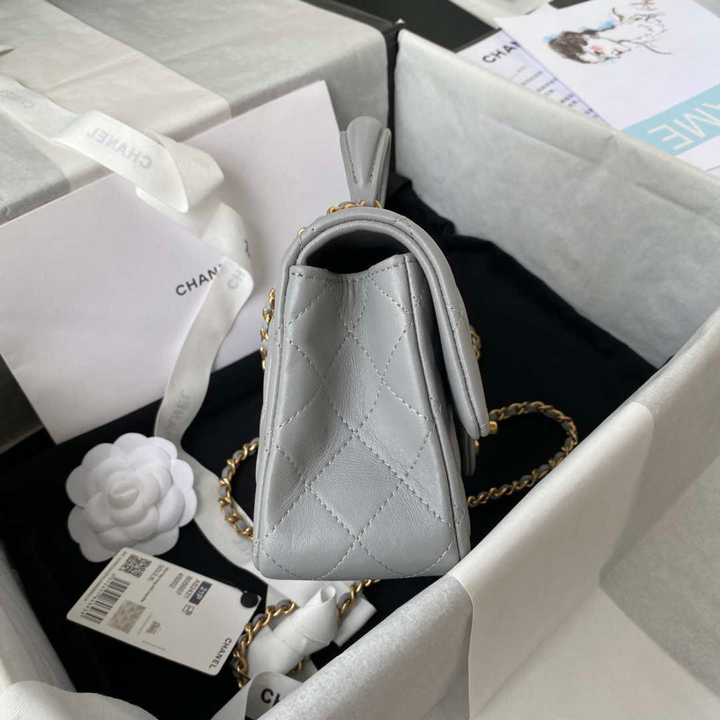 Chanel Mini flap Lambskin bag with top handle AS2431 Gray gold