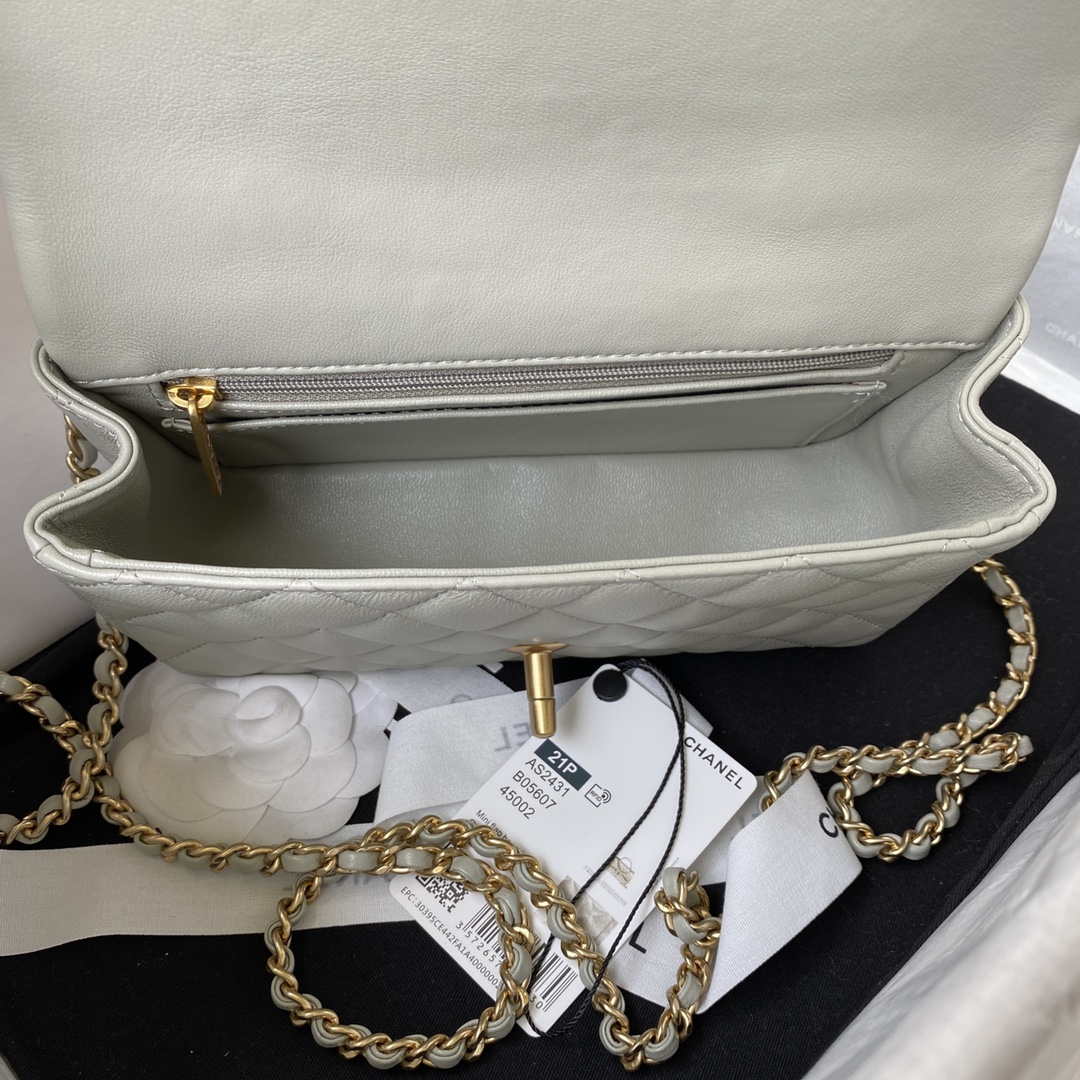 Chanel Mini flap Lambskin bag with top handle AS2431 Light Green Gold