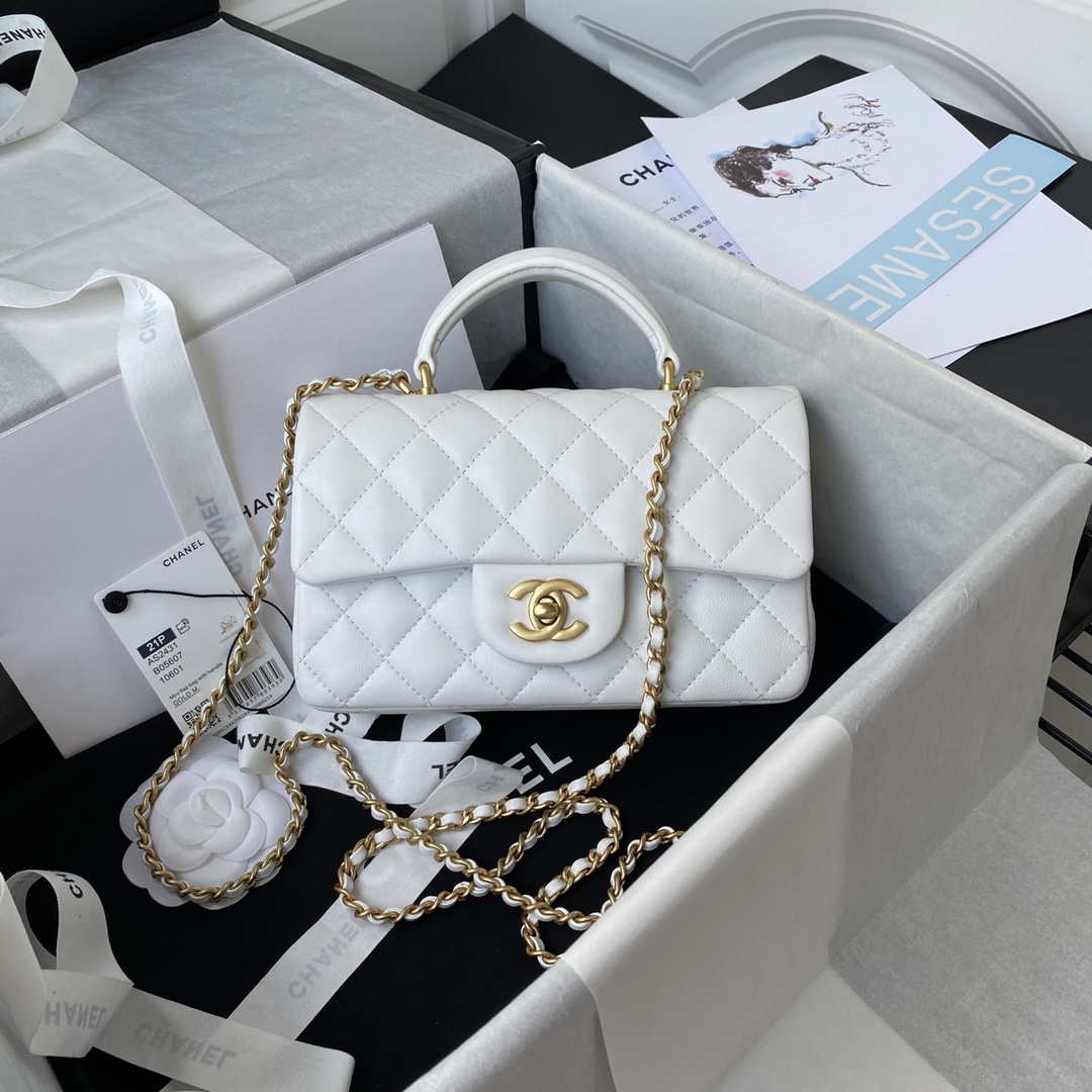 Chanel Mini flap Lambskin bag with top handle AS2431 White gold