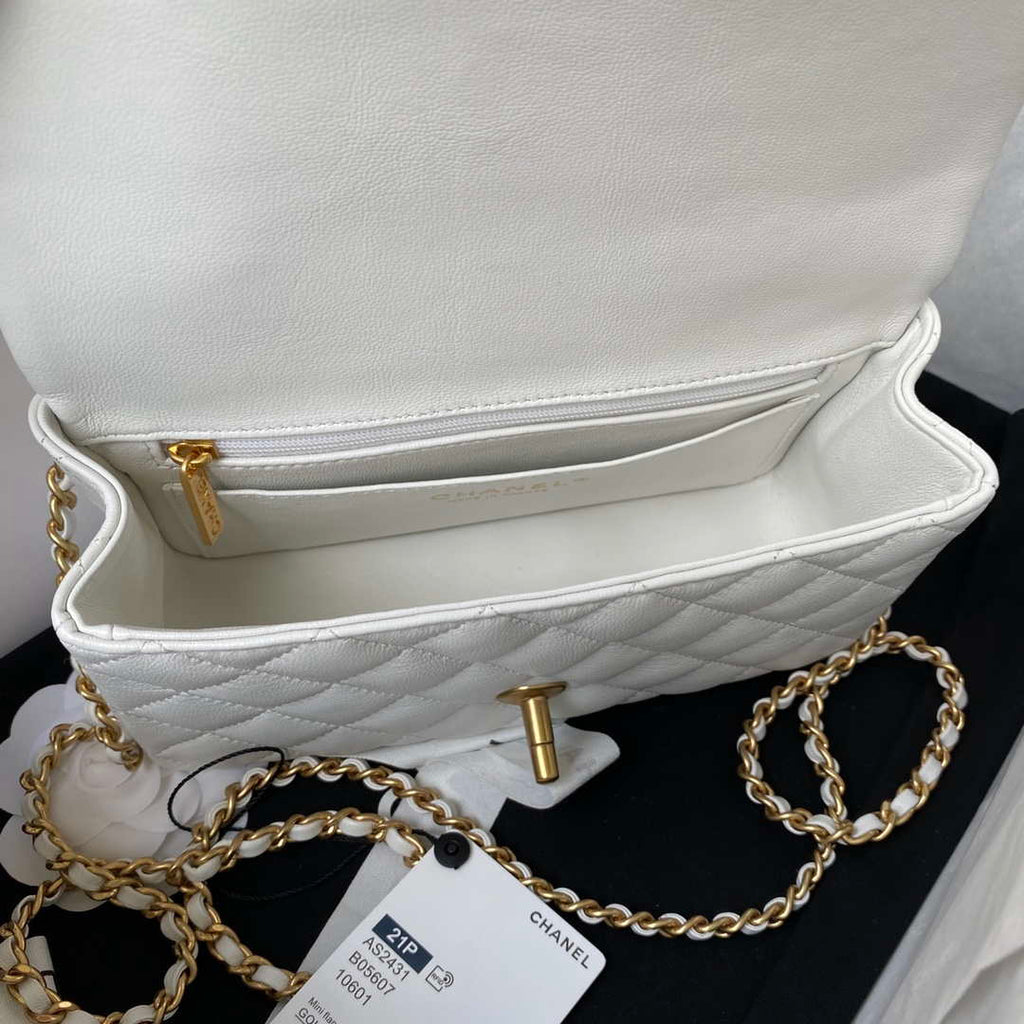 Chanel Mini flap Lambskin bag with top handle AS2431 White gold