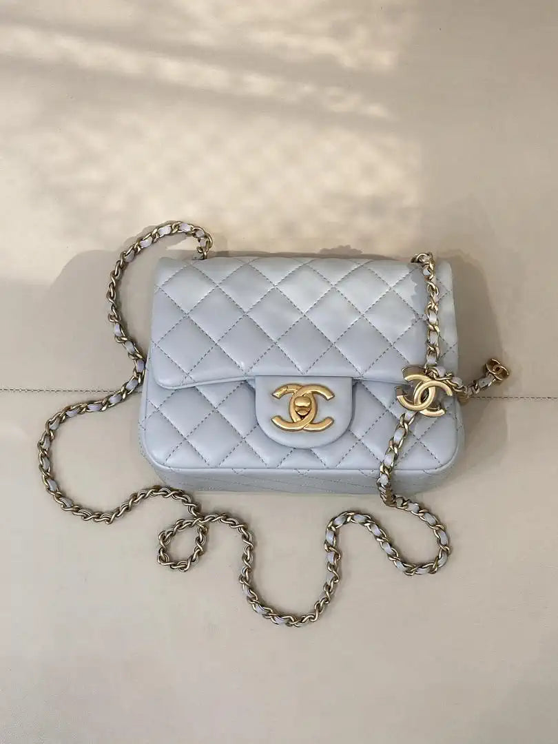 Chanel Mini Flap Shiny Lambskin & Gold-Tone Metal AS5758 Light Blue