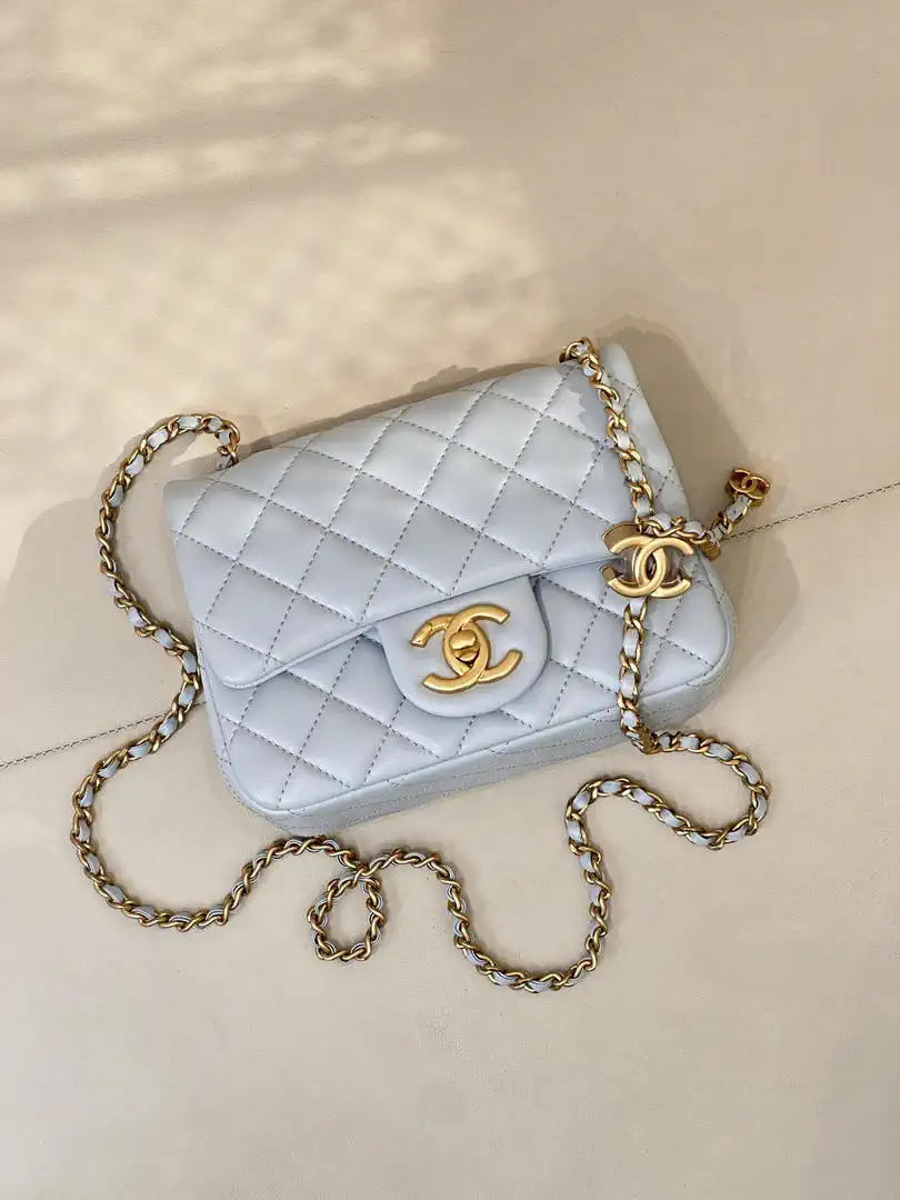 Chanel Mini Flap Shiny Lambskin & Gold-Tone Metal AS5758 Light Blue