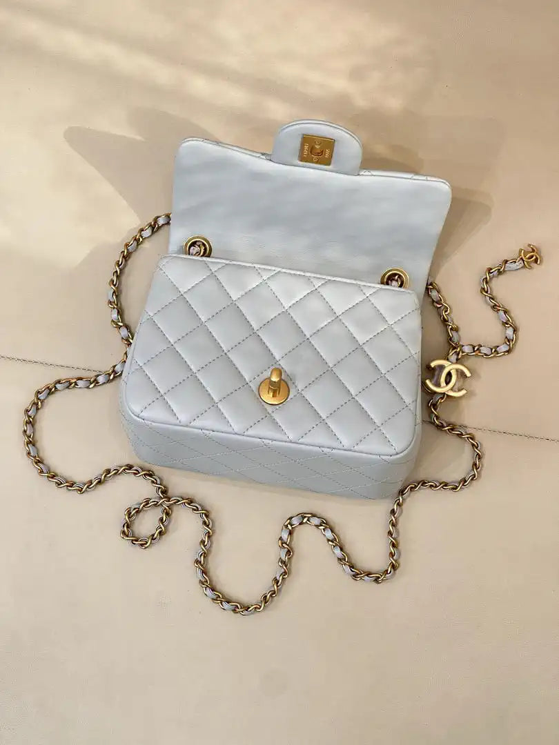 Chanel Mini Flap Shiny Lambskin & Gold-Tone Metal AS5758 Light Blue