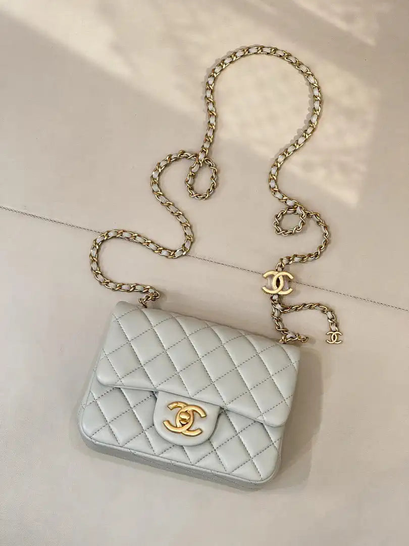 Chanel Mini Flap Shiny Lambskin & Gold-Tone Metal AS5758 Light Grey