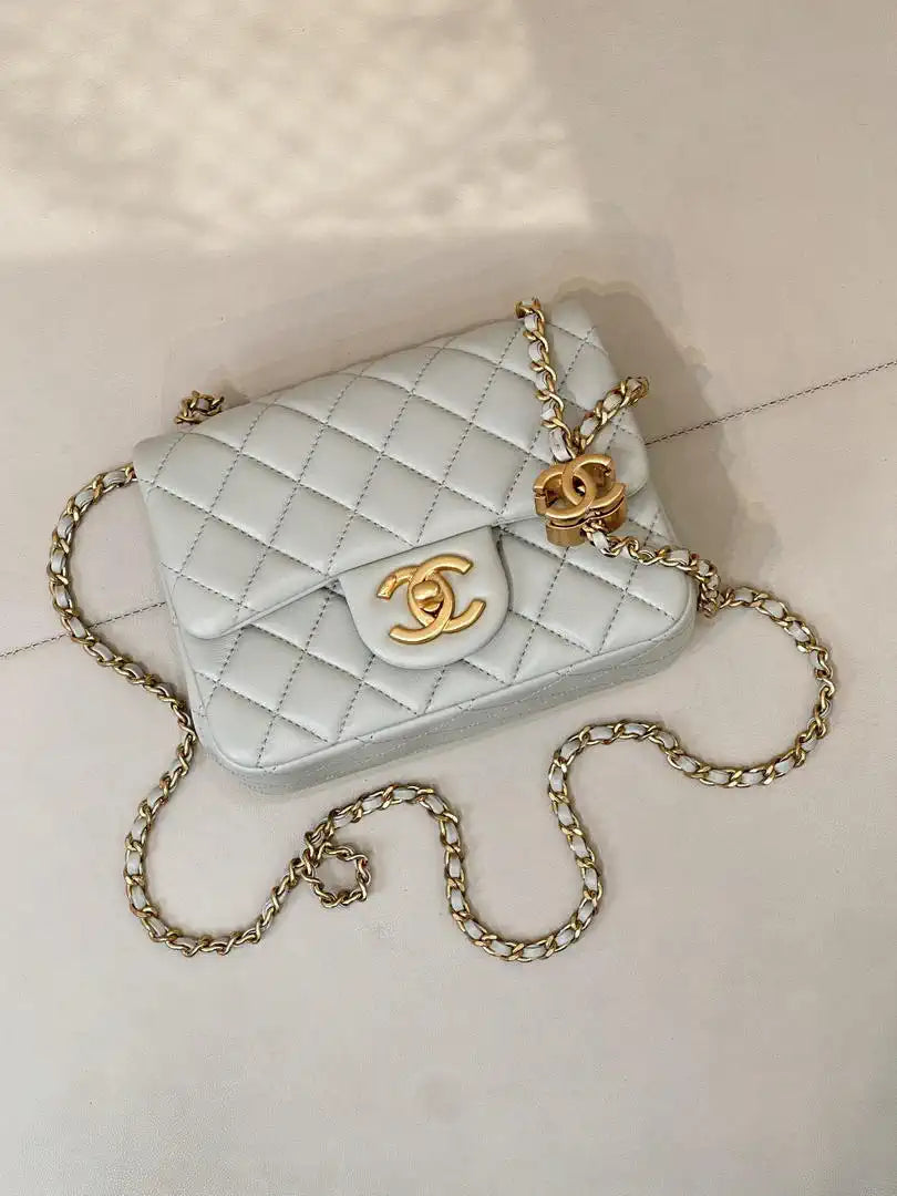 Chanel Mini Flap Shiny Lambskin & Gold-Tone Metal AS5758 Light Grey