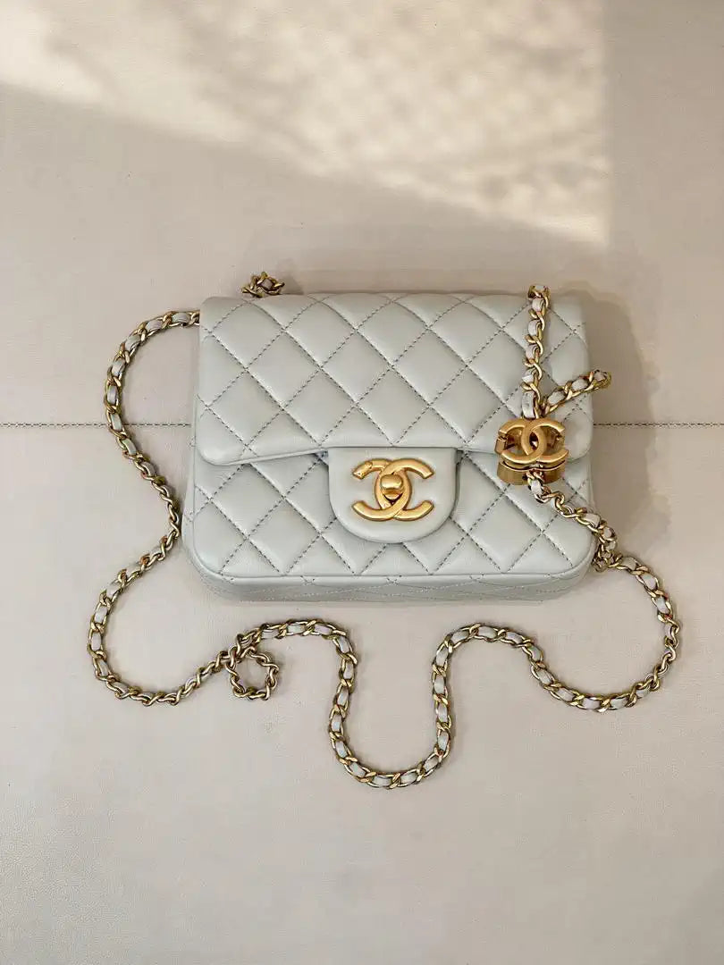 Chanel Mini Flap Shiny Lambskin & Gold-Tone Metal AS5758 Light Grey