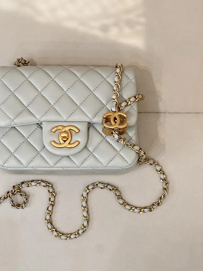 Chanel Mini Flap Shiny Lambskin & Gold-Tone Metal AS5758 Light Grey