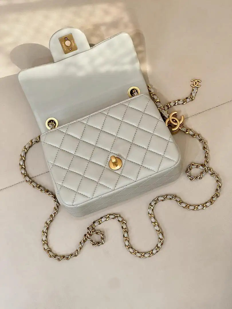 Chanel Mini Flap Shiny Lambskin & Gold-Tone Metal AS5758 Light Grey