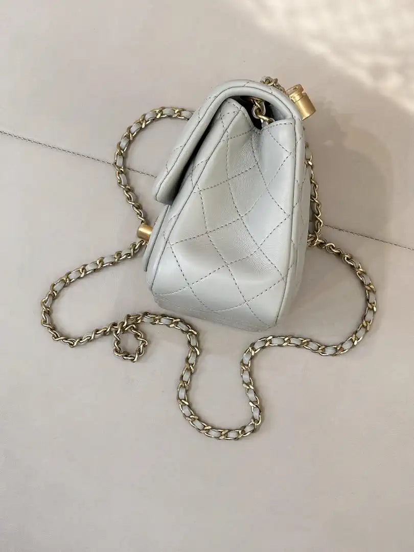 Chanel Mini Flap Shiny Lambskin & Gold-Tone Metal AS5758 Light Grey