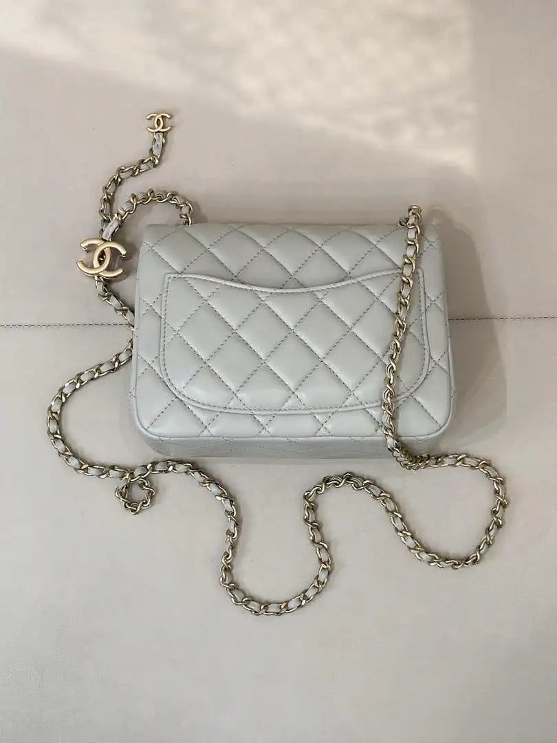 Chanel Mini Flap Shiny Lambskin & Gold-Tone Metal AS5758 Light Grey