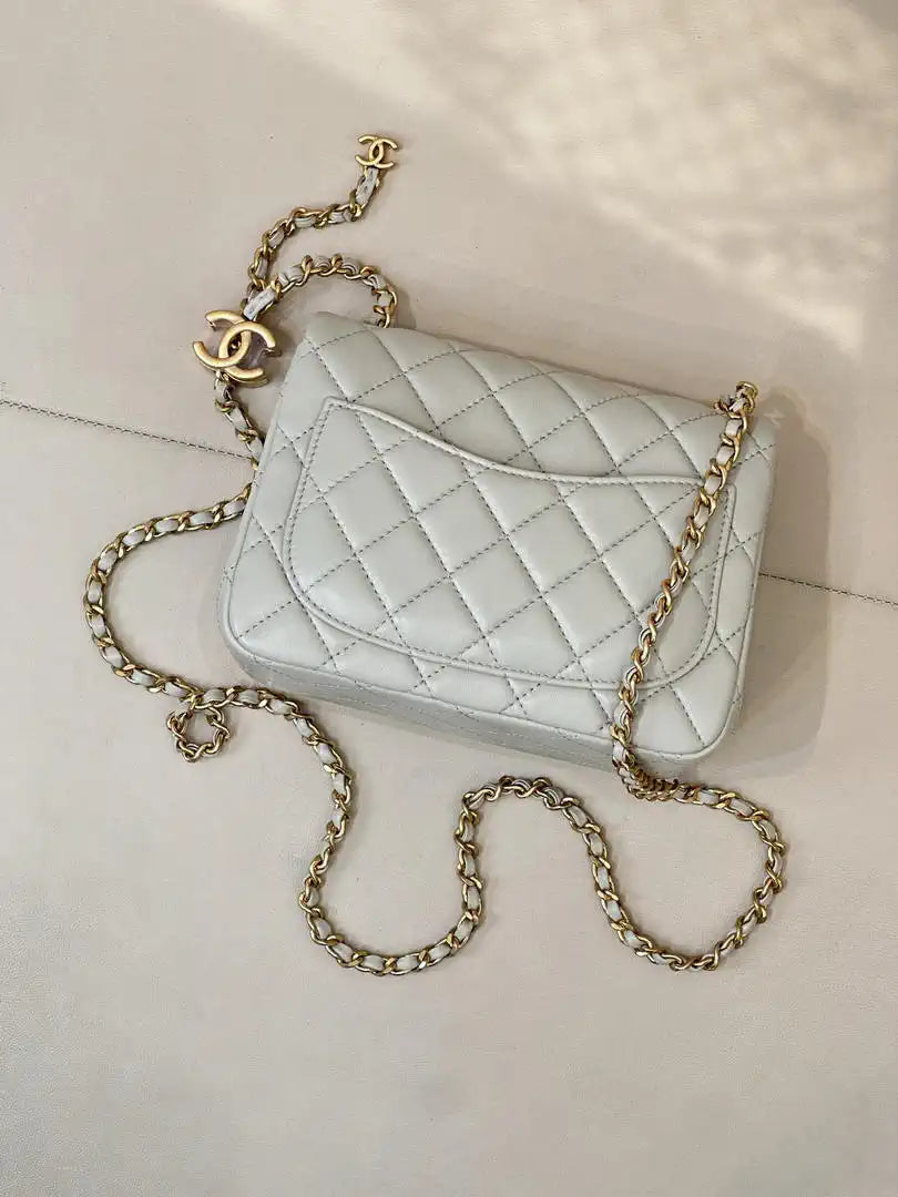 Chanel Mini Flap Shiny Lambskin & Gold-Tone Metal AS5758 Light Grey