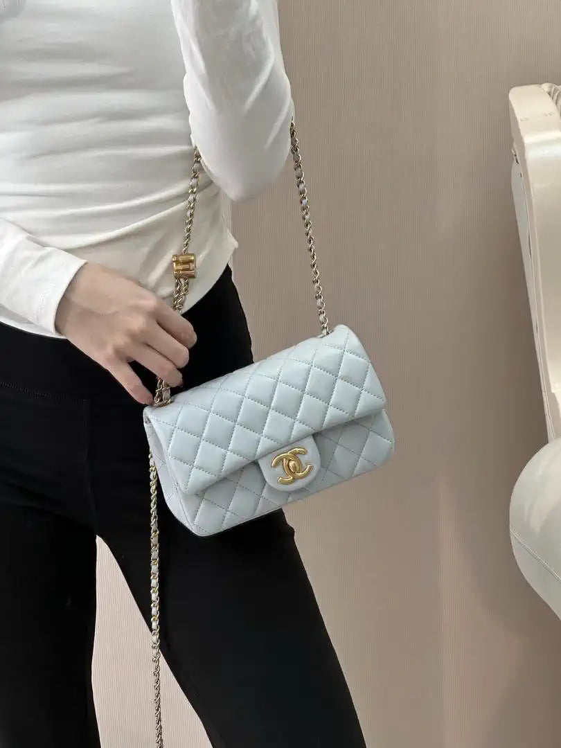 Chanel Mini Flap Shiny Lambskin & Gold-Tone Metal AS5759 Light Blue