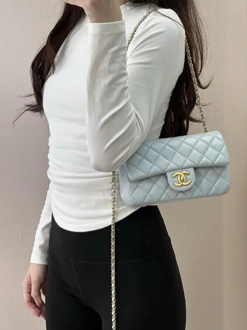 Chanel Mini Flap Shiny Lambskin & Gold-Tone Metal AS5759 Light Blue