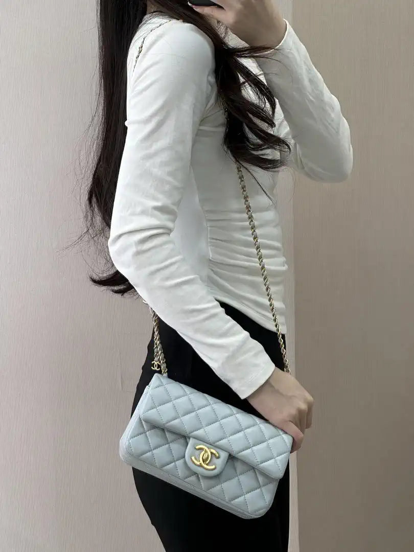 Chanel Mini Flap Shiny Lambskin & Gold-Tone Metal AS5759 Light Blue