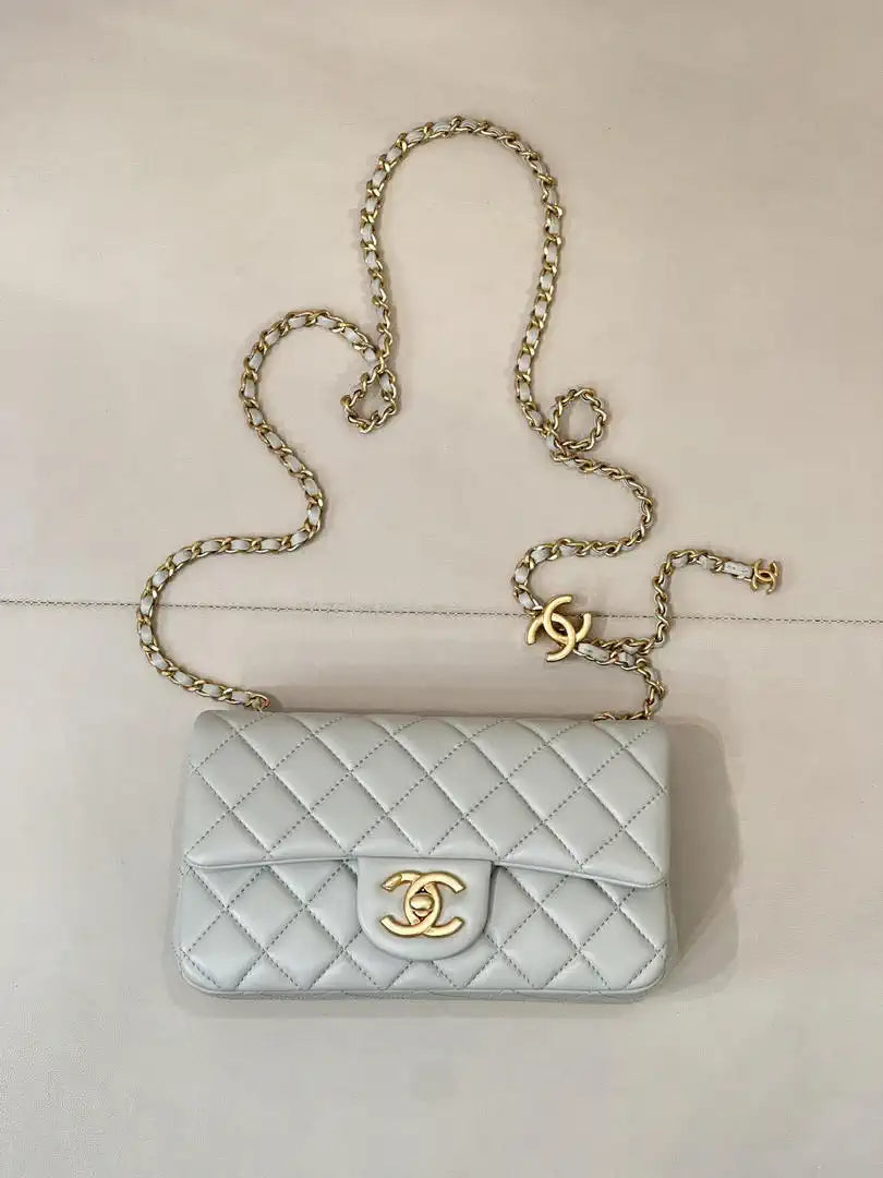 Chanel Mini Flap Shiny Lambskin & Gold-Tone Metal AS5759 Light Grey