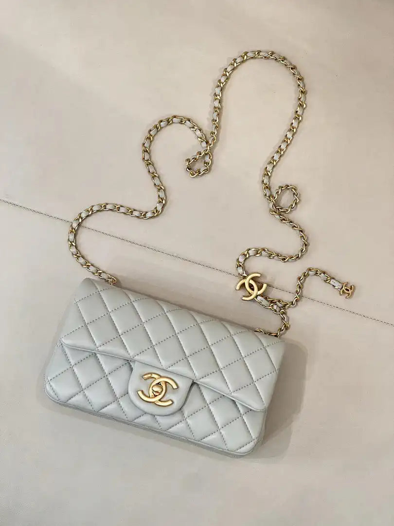 Chanel Mini Flap Shiny Lambskin & Gold-Tone Metal AS5759 Light Grey