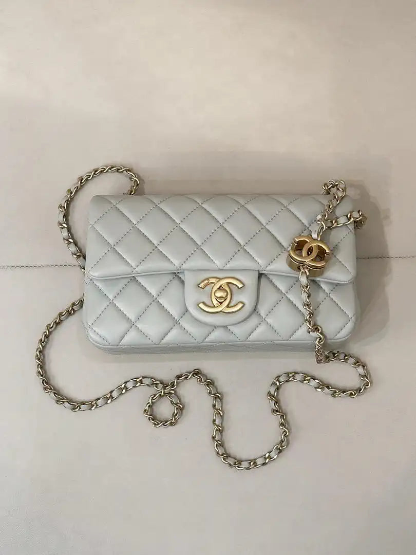 Chanel Mini Flap Shiny Lambskin & Gold-Tone Metal AS5759 Light Grey