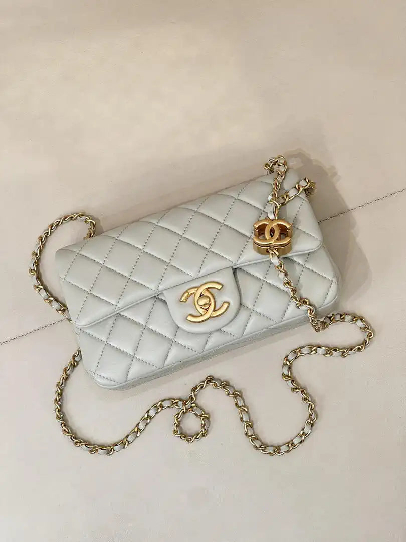 Chanel Mini Flap Shiny Lambskin & Gold-Tone Metal AS5759 Light Grey